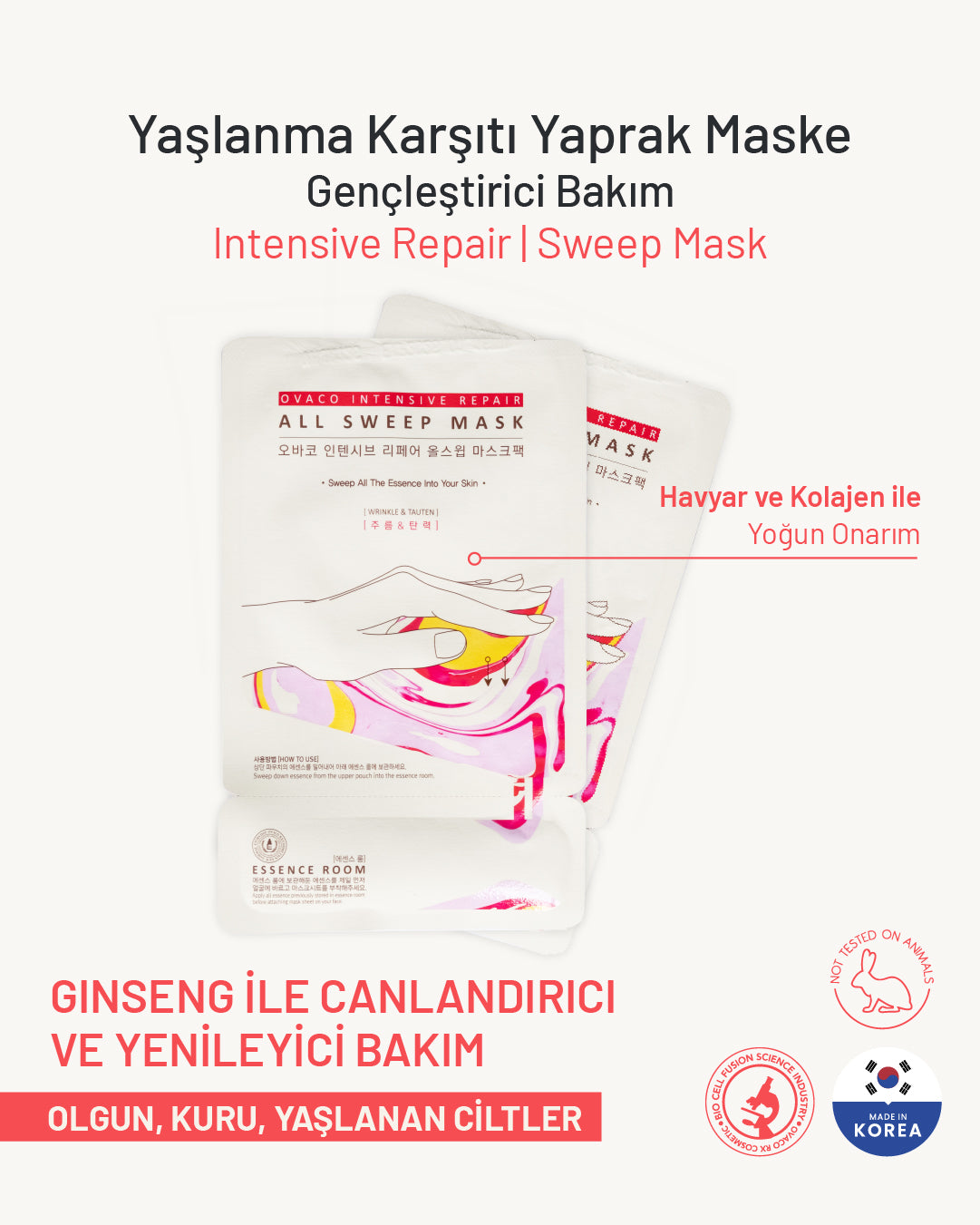 Ovaco Onarıcı ve Kırışıklık Karşıtı Yaprak Maske |Gençleştirici Bakım | Intensive Repair | Sweep Mask