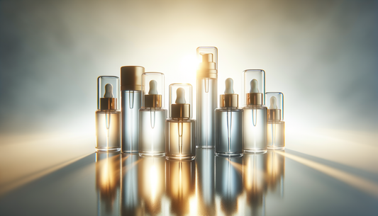 minimal glass skincare bottles glowing on white surface with soft golden light and mist